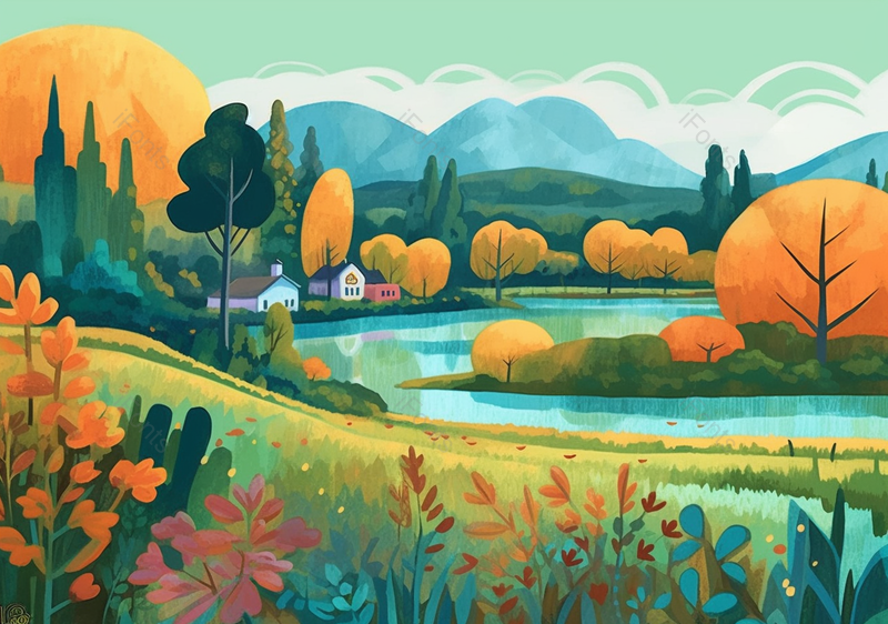 色彩鲜明户外山林流水房屋手绘背景,插画/手绘图,插画/手绘图库,插画/手绘图下载,插画/手绘